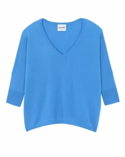 Kujten Sweaters & Sweatshirts>Oversized V-Neck Sweater With 3/4 Cashmere Sleeve Blue