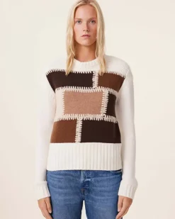 Kujten Sweaters & Sweatshirts>Patchwork Round Neck Cashmere Sweater, 8-Threads Camelo