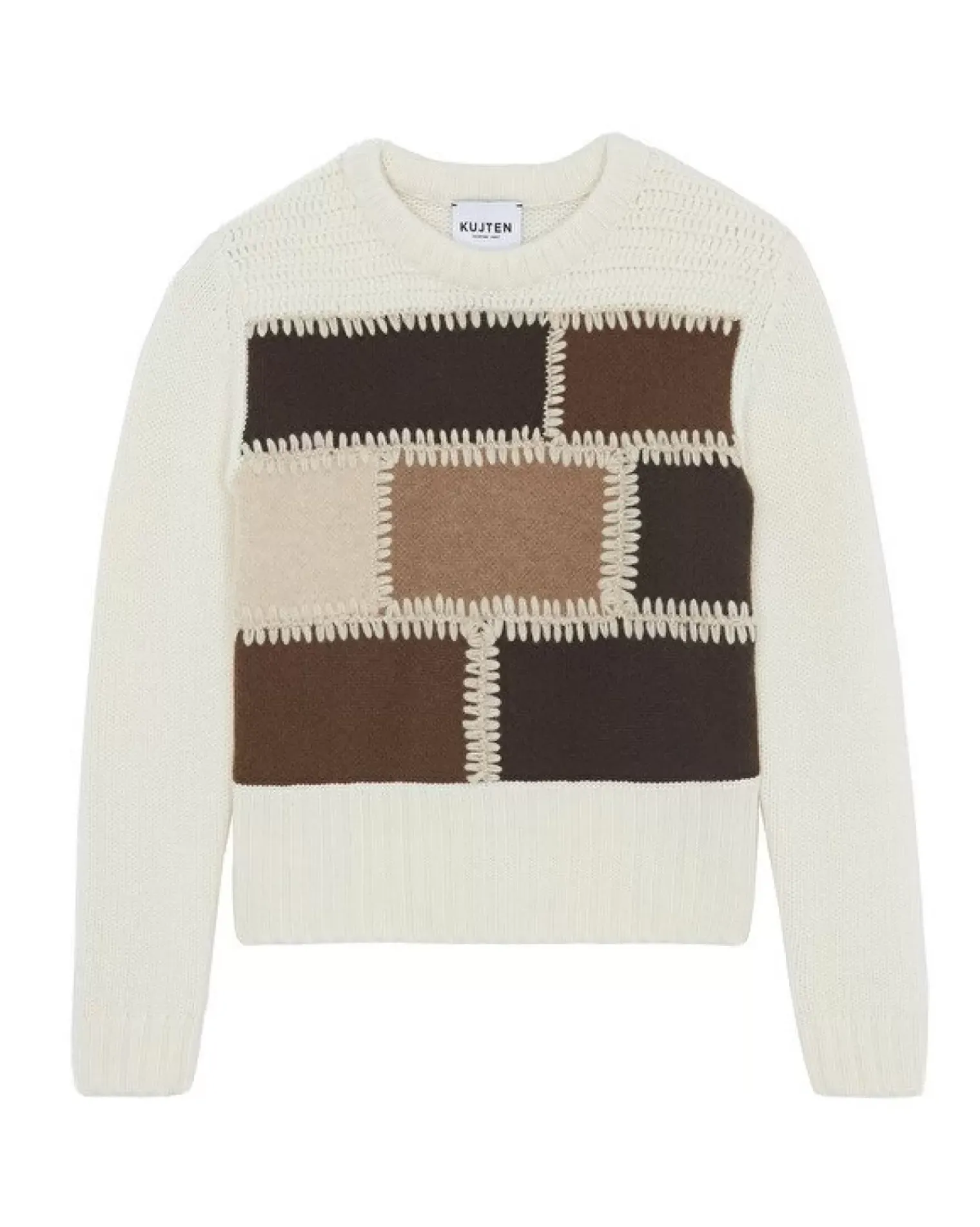 Kujten Sweaters & Sweatshirts>Patchwork Round Neck Cashmere Sweater, 8-Threads Camelo