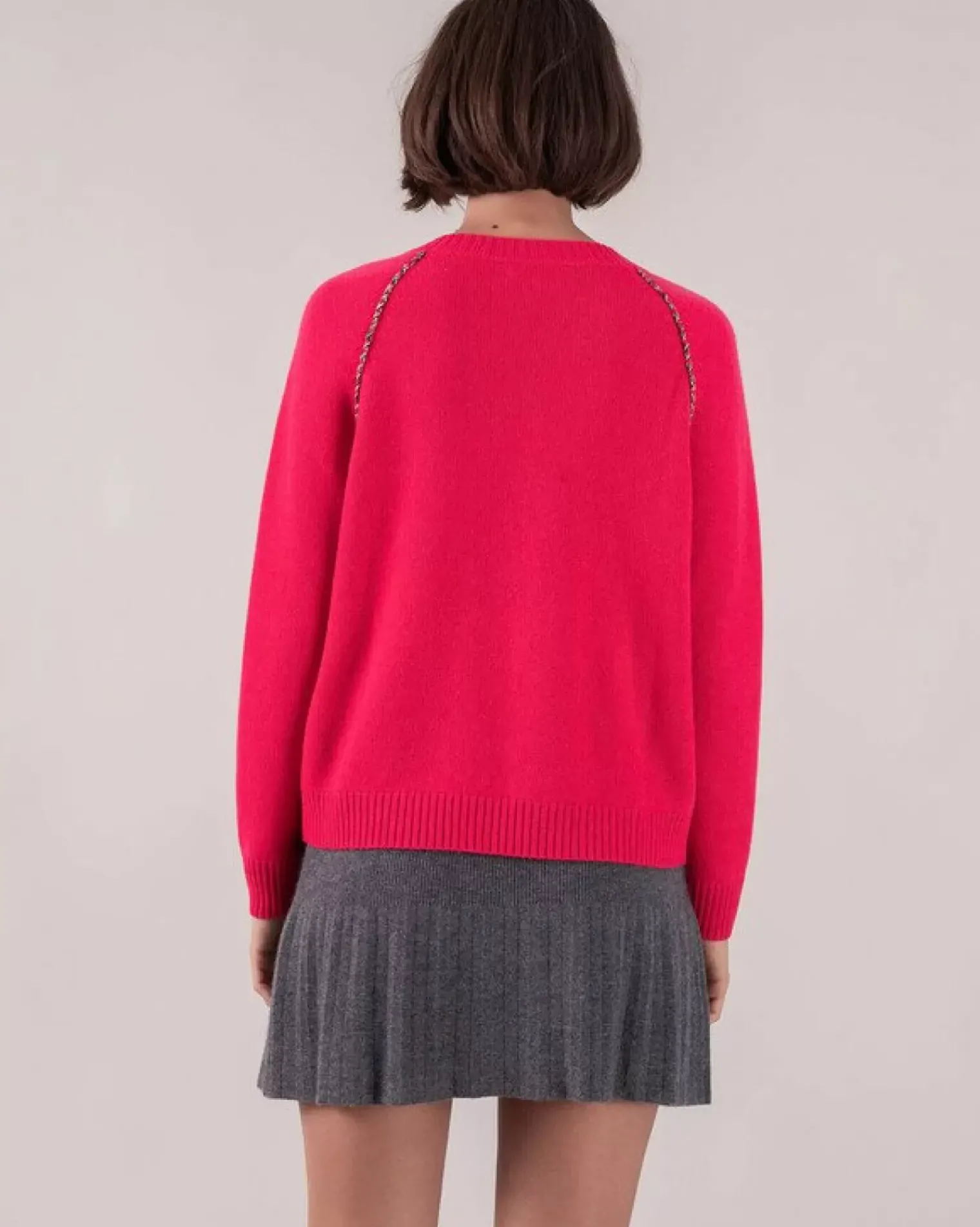 Kujten Sweaters & Sweatshirts>Piped Raglan Cashmere Round Neck Sweater Rose Fushia
