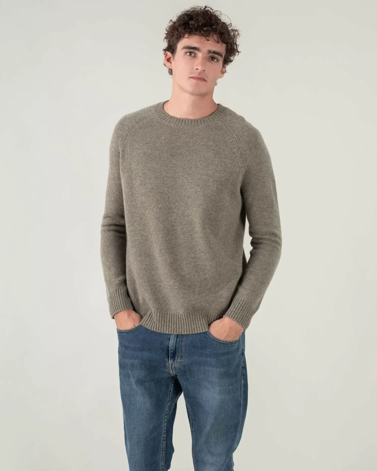 Kujten Sweaters & Sweatshirts>Plain Raglan Sleeves Cashmere Sweater Kaki Chine