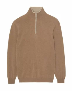 Kujten Sweaters & Sweatshirts>Plain Truck Collar Cashmere Man Sweater With Elbow Patches Camelo