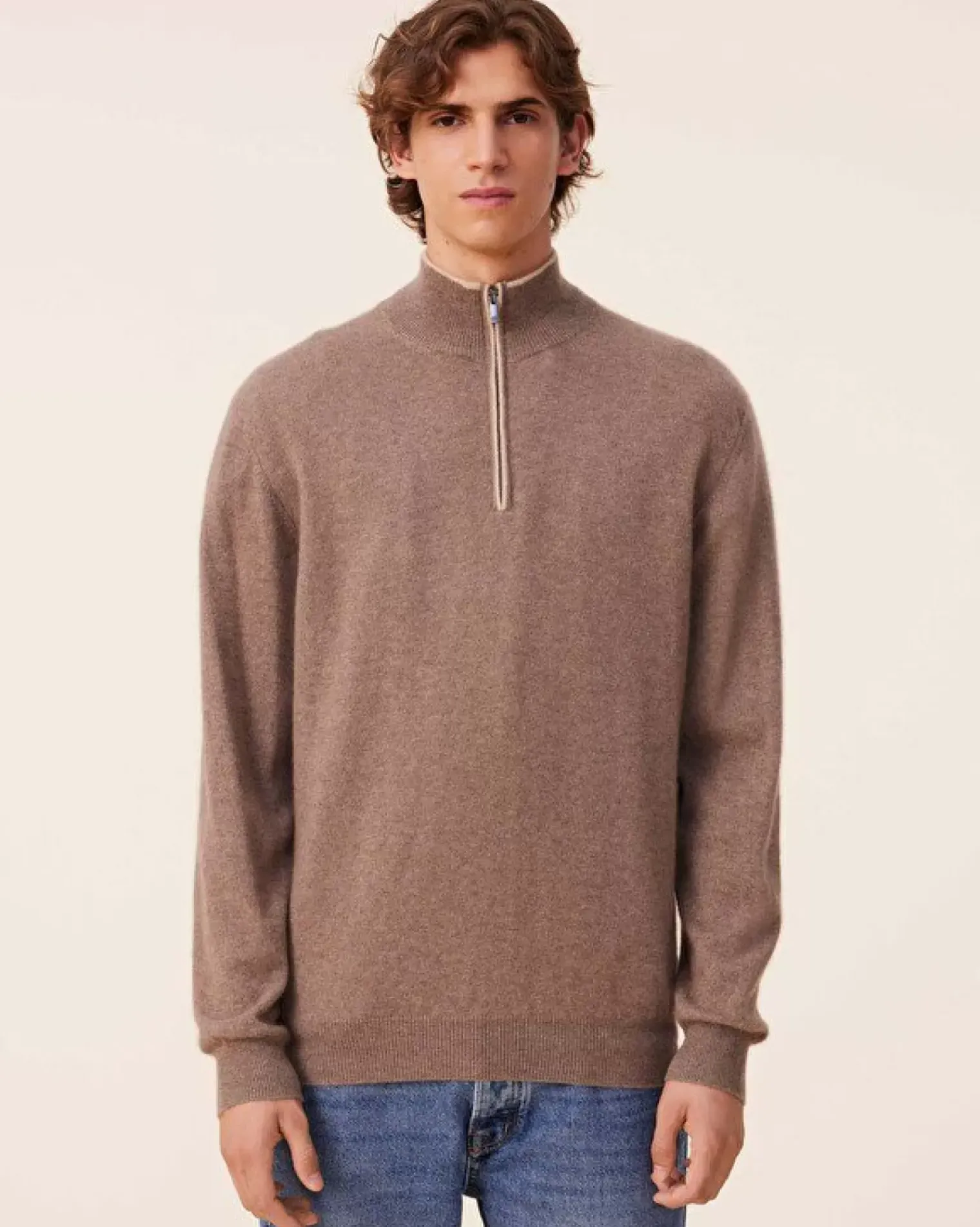 Kujten Sweaters & Sweatshirts>Plain Truck Collar Cashmere Man Sweater, 2-Threads Beige Taupe