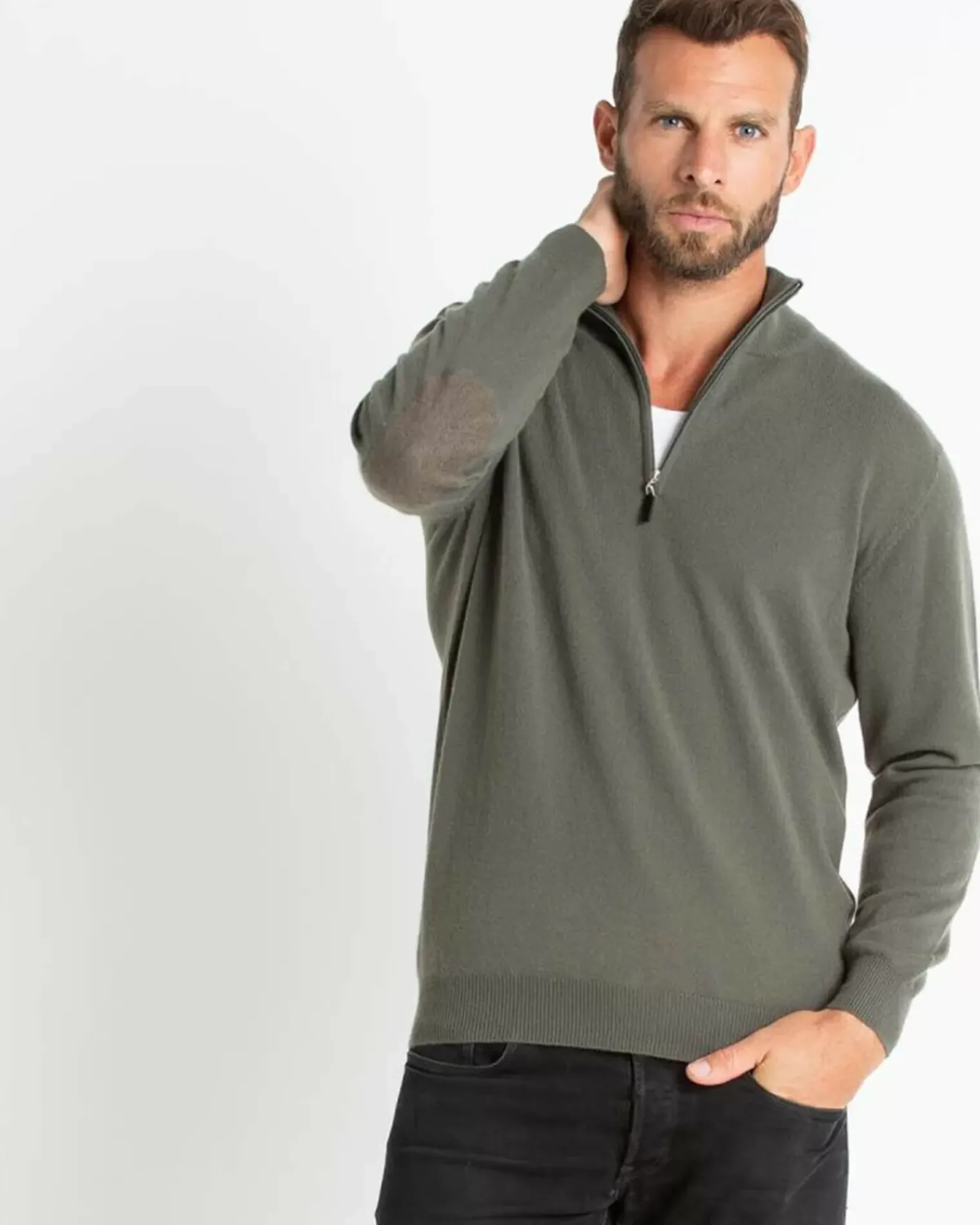 Kujten Sweaters & Sweatshirts>Plain Turtleneck Cashmere Man Sweater With Elbow Patches Vert Kaki