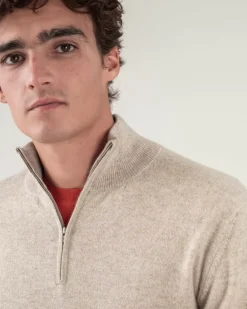 Kujten Sweaters & Sweatshirts>Plain Turtleneck Cashmere Man Sweater With Elbow Patches Beige Chine