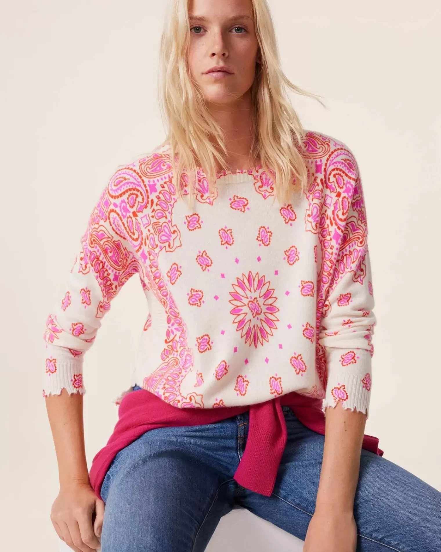 Kujten Sweaters & Sweatshirts>Printed Round Neck Cashmere Sweater, 2-Threads Orange Rosso