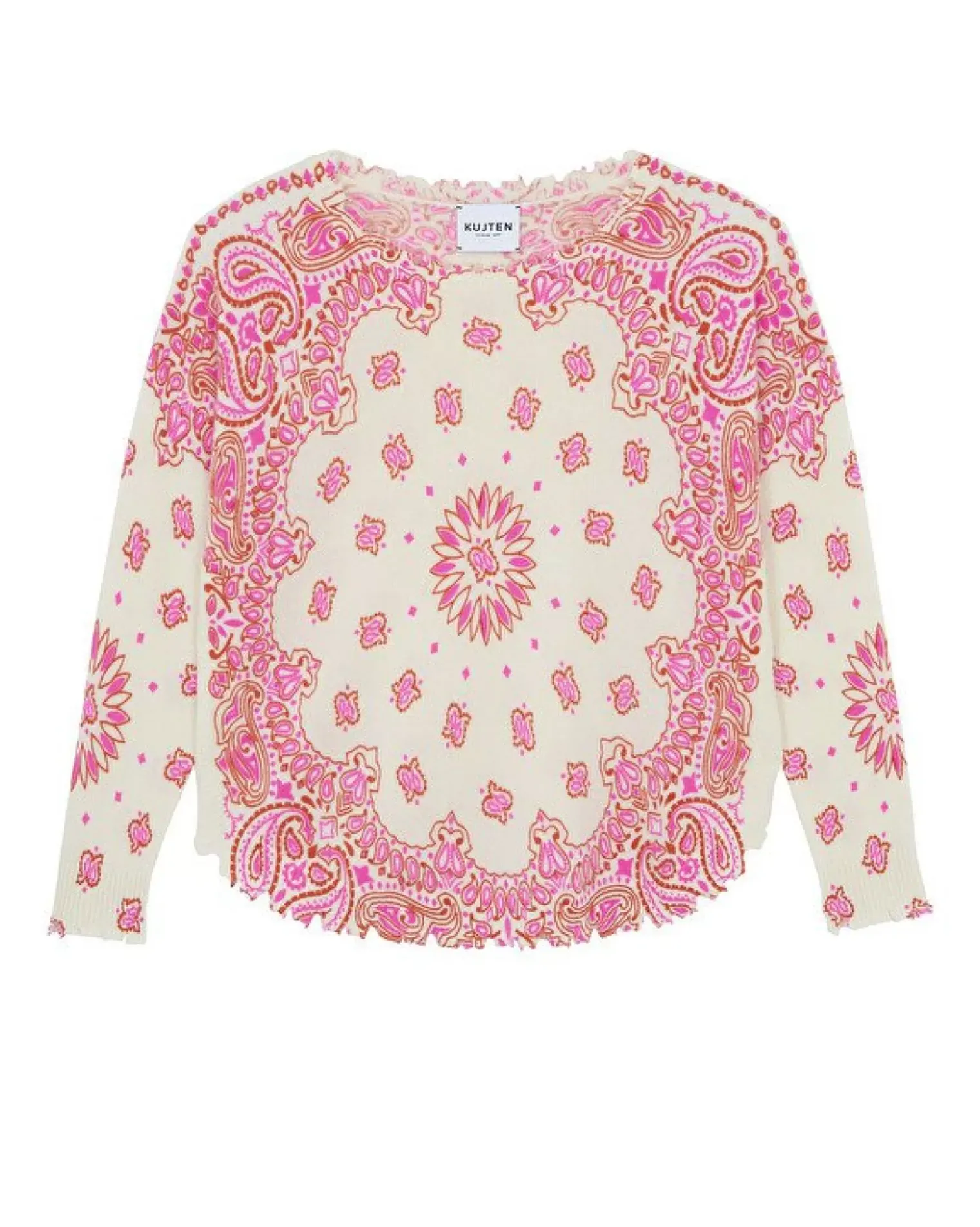 Kujten Sweaters & Sweatshirts>Printed Round Neck Cashmere Sweater, 2-Threads Orange Rosso