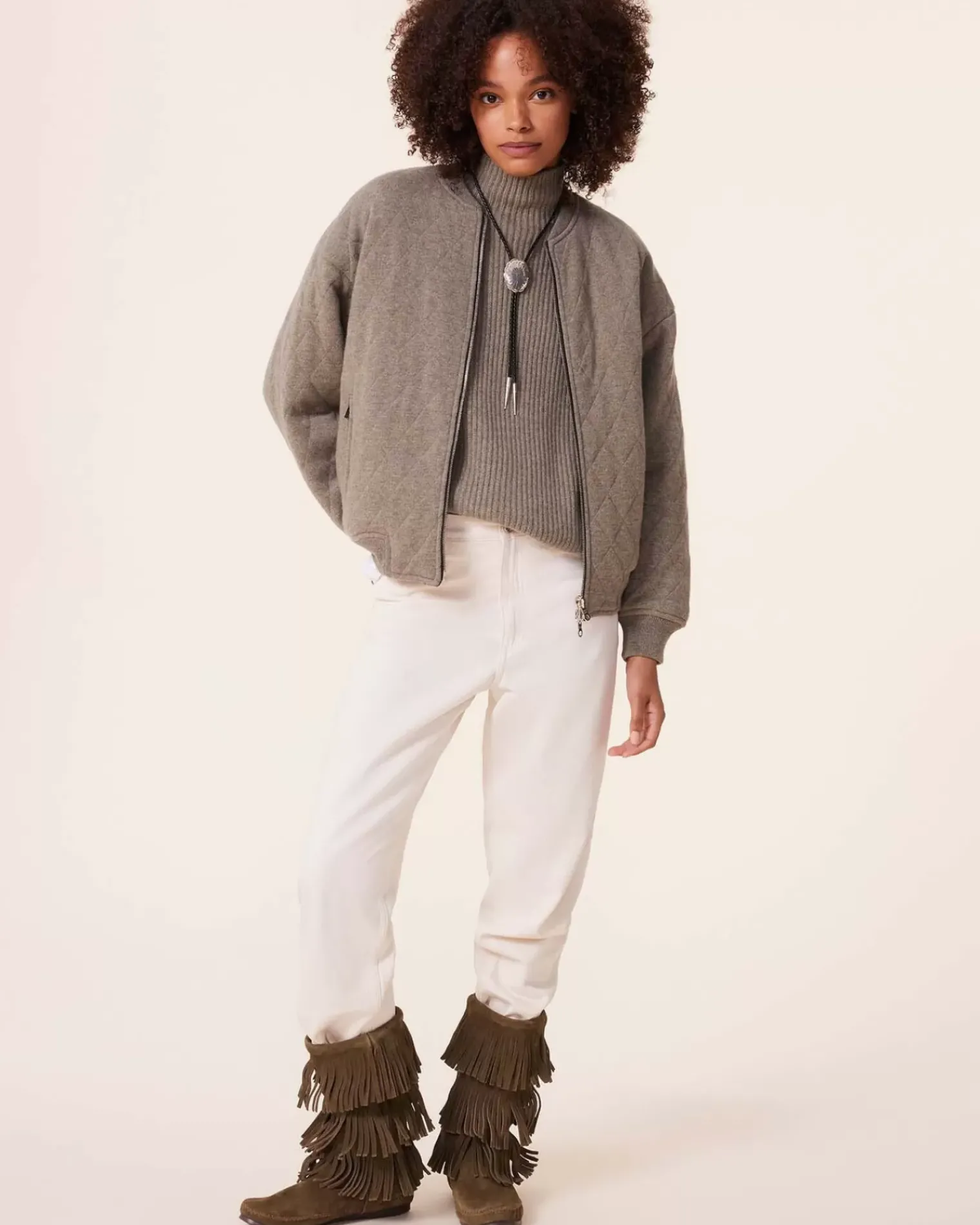 Kujten Coats>Quilted Cashmere Bomber Jacket, 2-Threads Kaki Chine