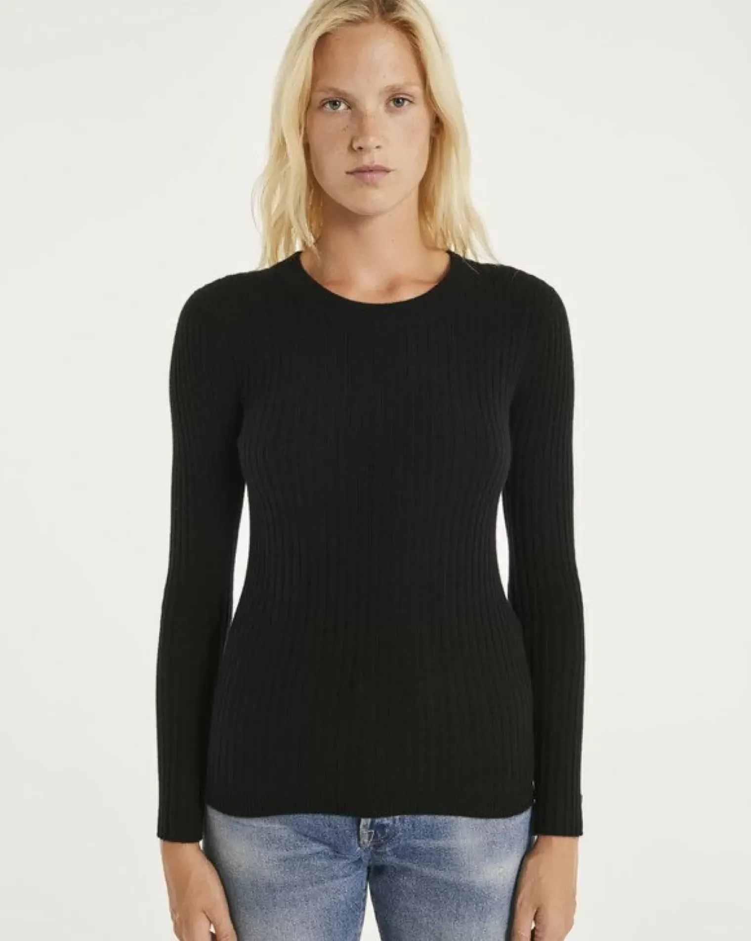 Kujten Sweaters & Sweatshirts>Ribbed Round Neck Cashmere Sweater, 2-Threads Noir