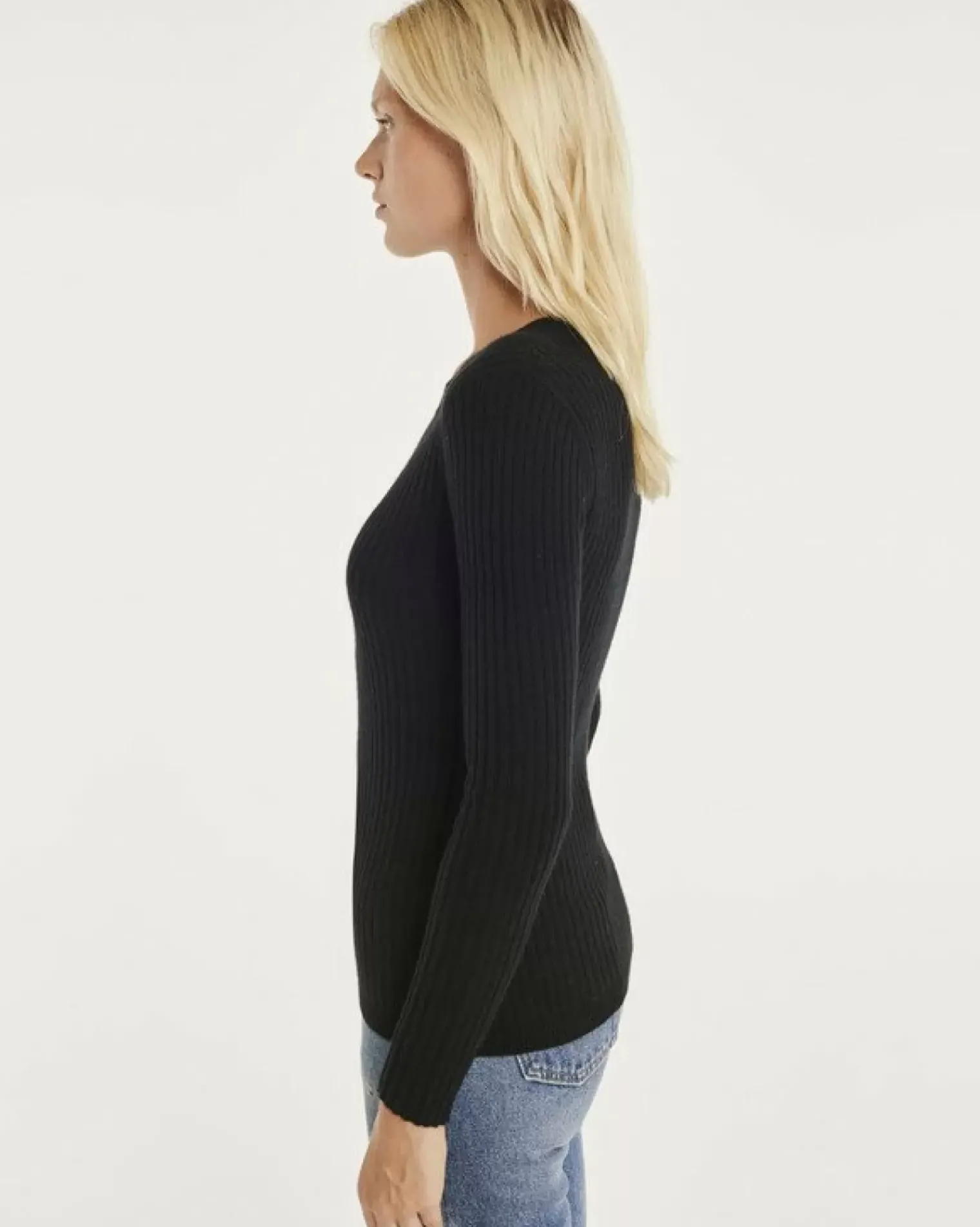 Kujten Sweaters & Sweatshirts>Ribbed Round Neck Cashmere Sweater, 2-Threads Noir