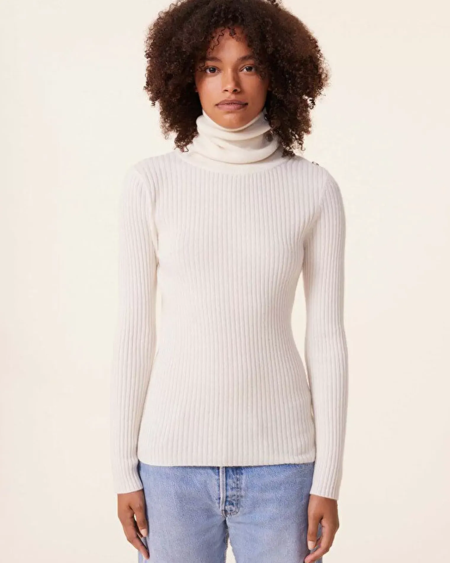 Kujten Sweaters & Sweatshirts>Ribbed Turtleneck Cashmere Sweater, 2-Threads Blanc
