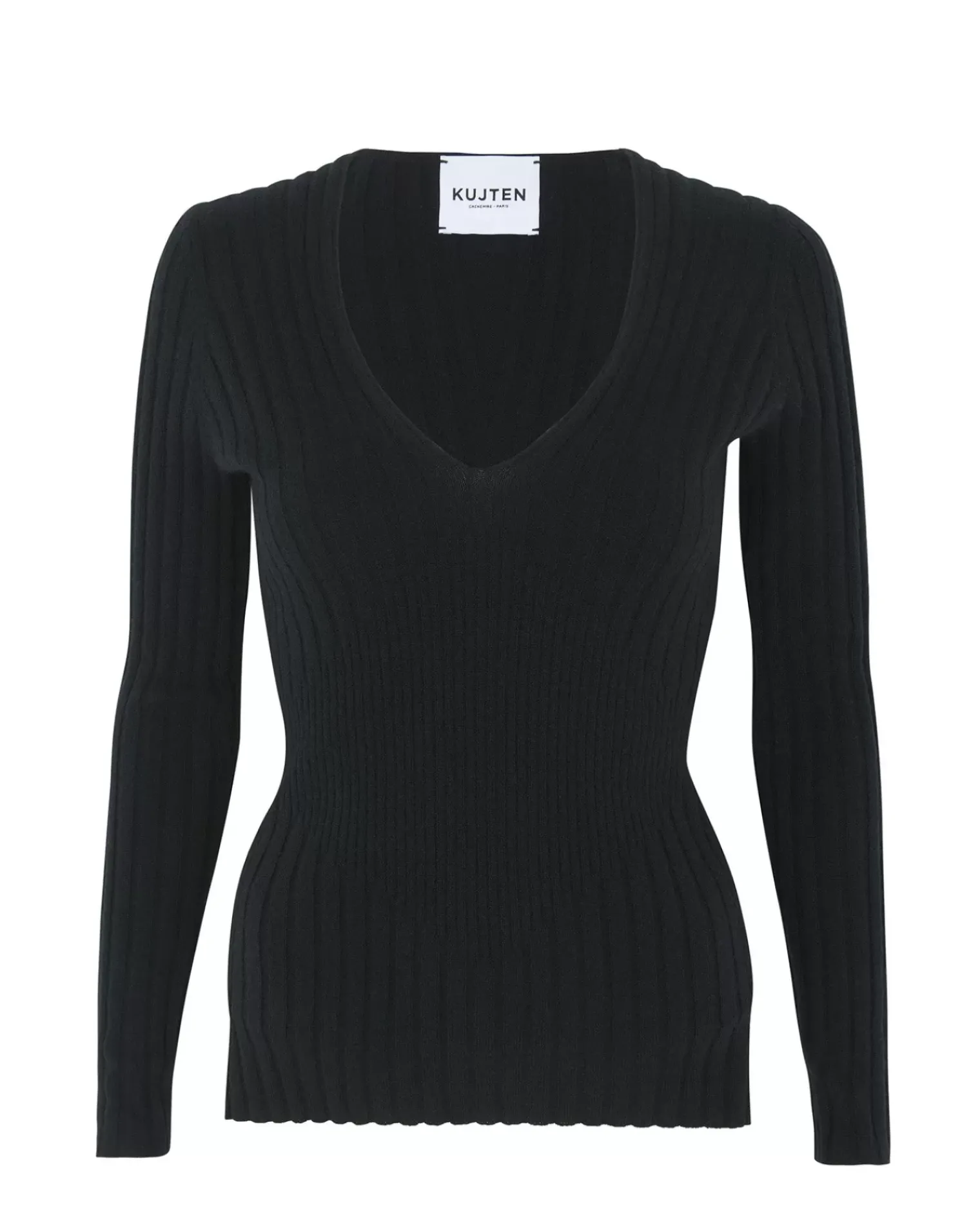 Kujten Sweaters & Sweatshirts>Ribbed V-Neck Cashmere Sweater, 2-Threads Noir