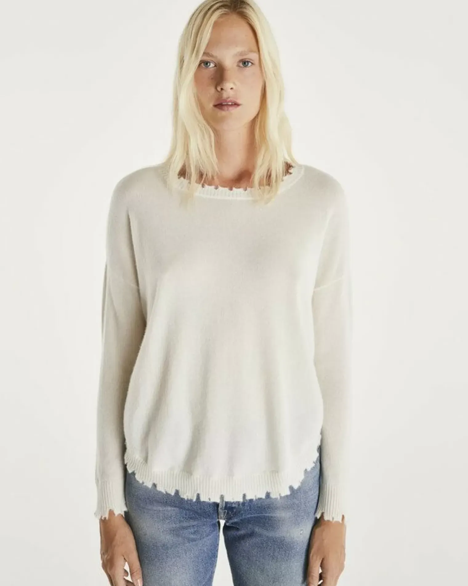 Kujten Sweaters & Sweatshirts>Round Neck Cashmere Sweater, 2-Threads Blanc