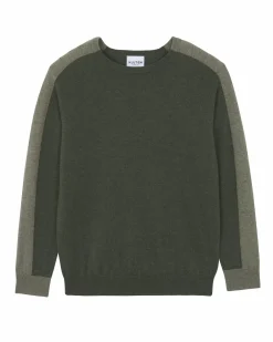 Kujten Sweaters & Sweatshirts>Round Neck Colorblock Cashmere Sweater Kaki Fonce