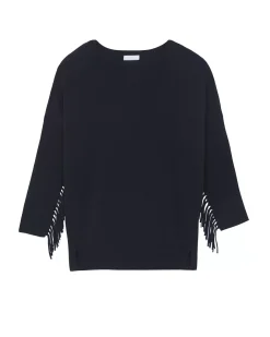 Kujten Sweaters & Sweatshirts>Round Neck Fringed Cashmere Sweater Bleu Marine Fonce