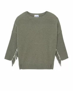 Kujten Sweaters & Sweatshirts>Round Neck Fringed Cashmere Sweater, 2-Threads Kaki Chine