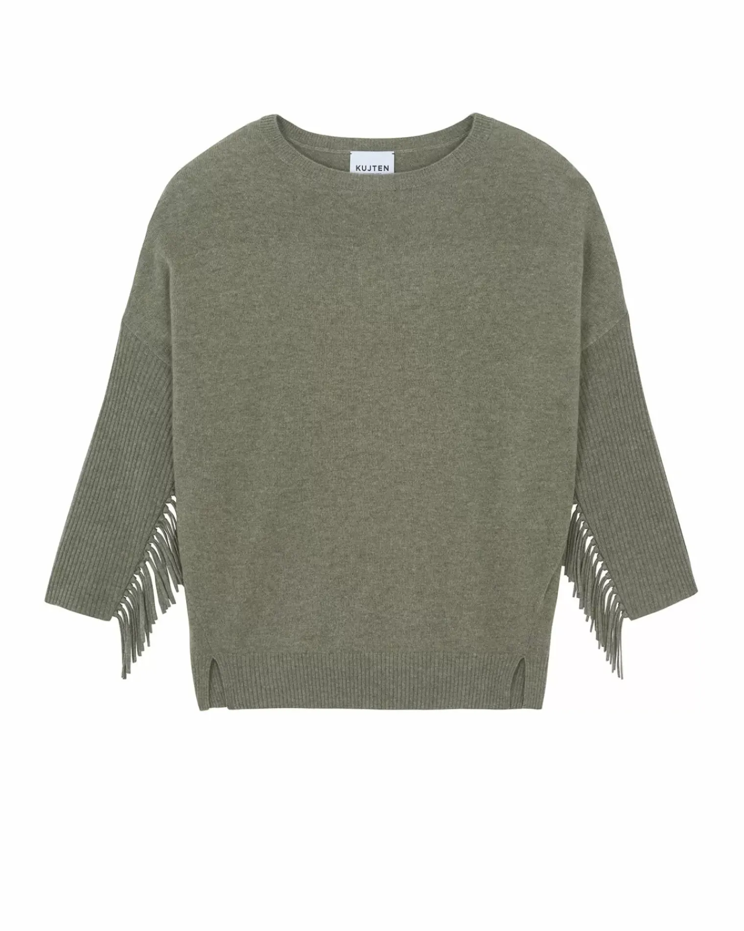 Kujten Sweaters & Sweatshirts>Round Neck Fringed Cashmere Sweater, 2-Threads Kaki Chine