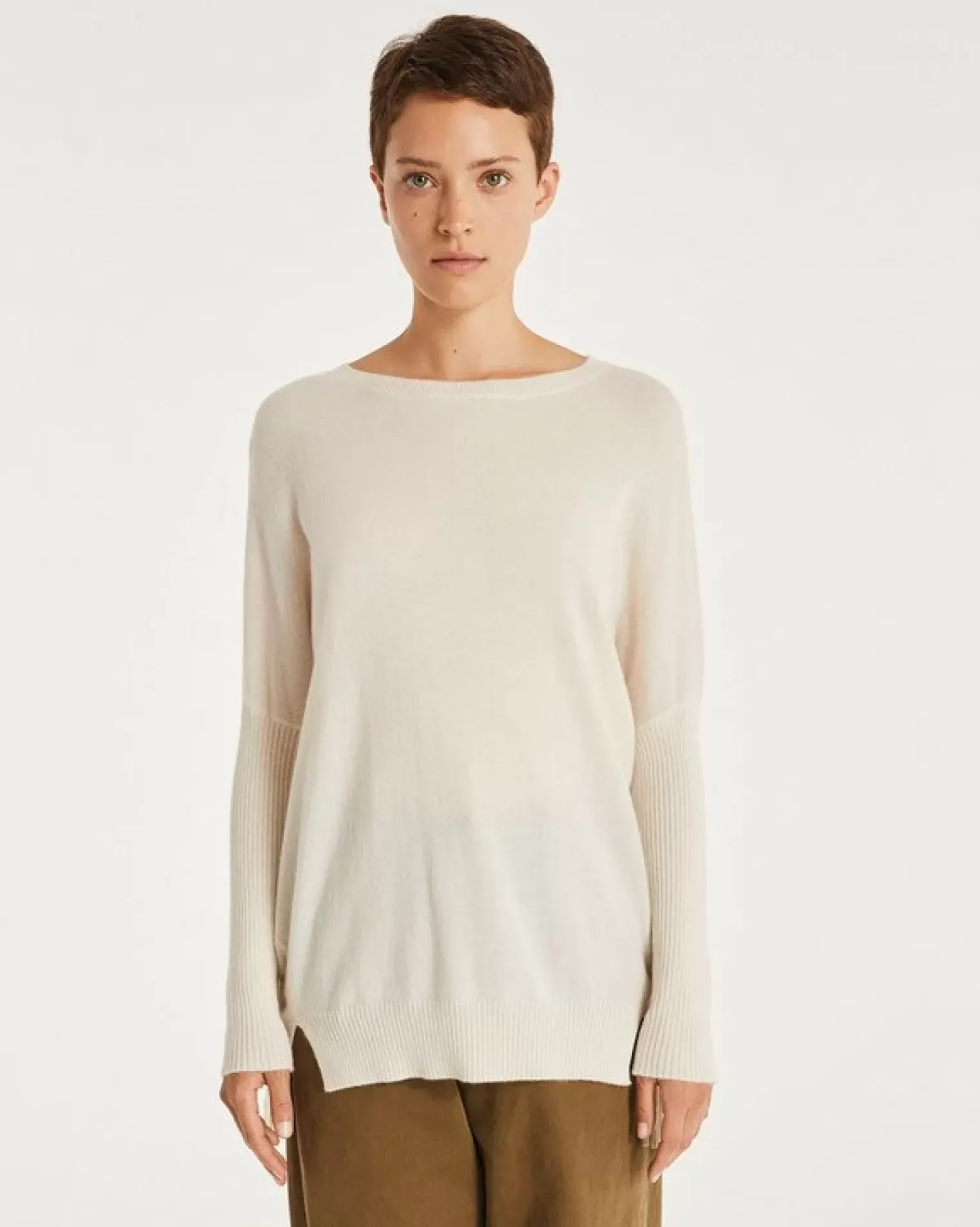 Kujten Sweaters & Sweatshirts>Round Neck Fringed Cashmere Sweater, 2-Threads Blanc