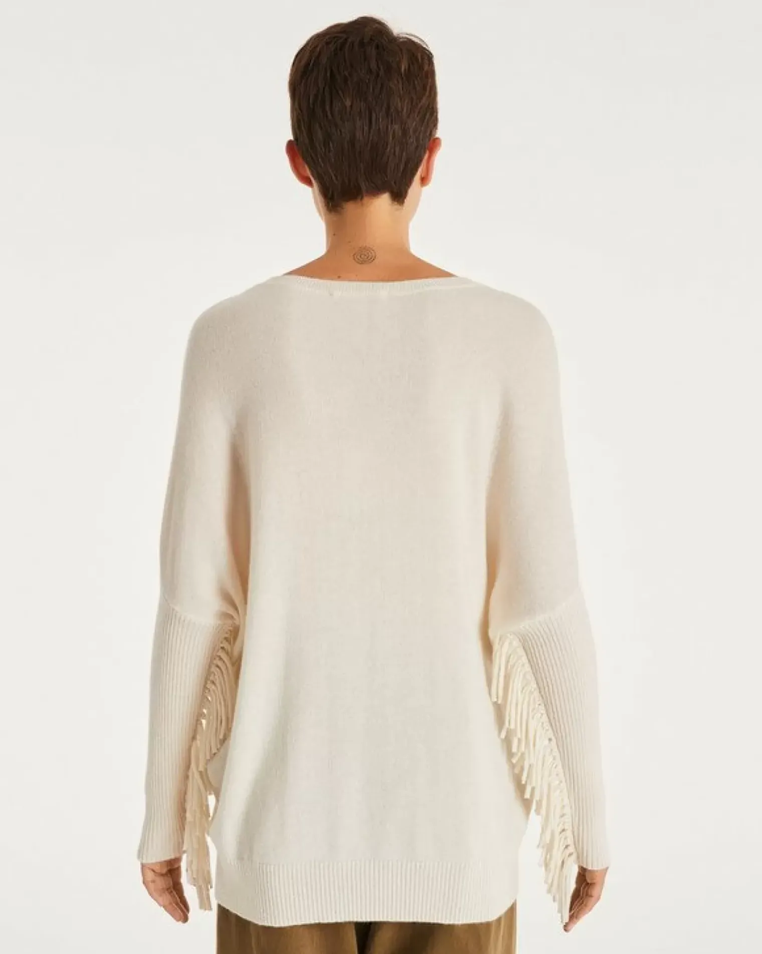 Kujten Sweaters & Sweatshirts>Round Neck Fringed Cashmere Sweater, 2-Threads Blanc