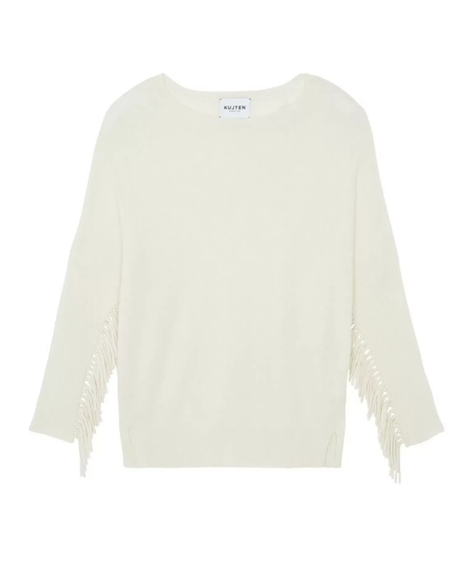 Kujten Sweaters & Sweatshirts>Round Neck Fringed Cashmere Sweater, 2-Threads Blanc