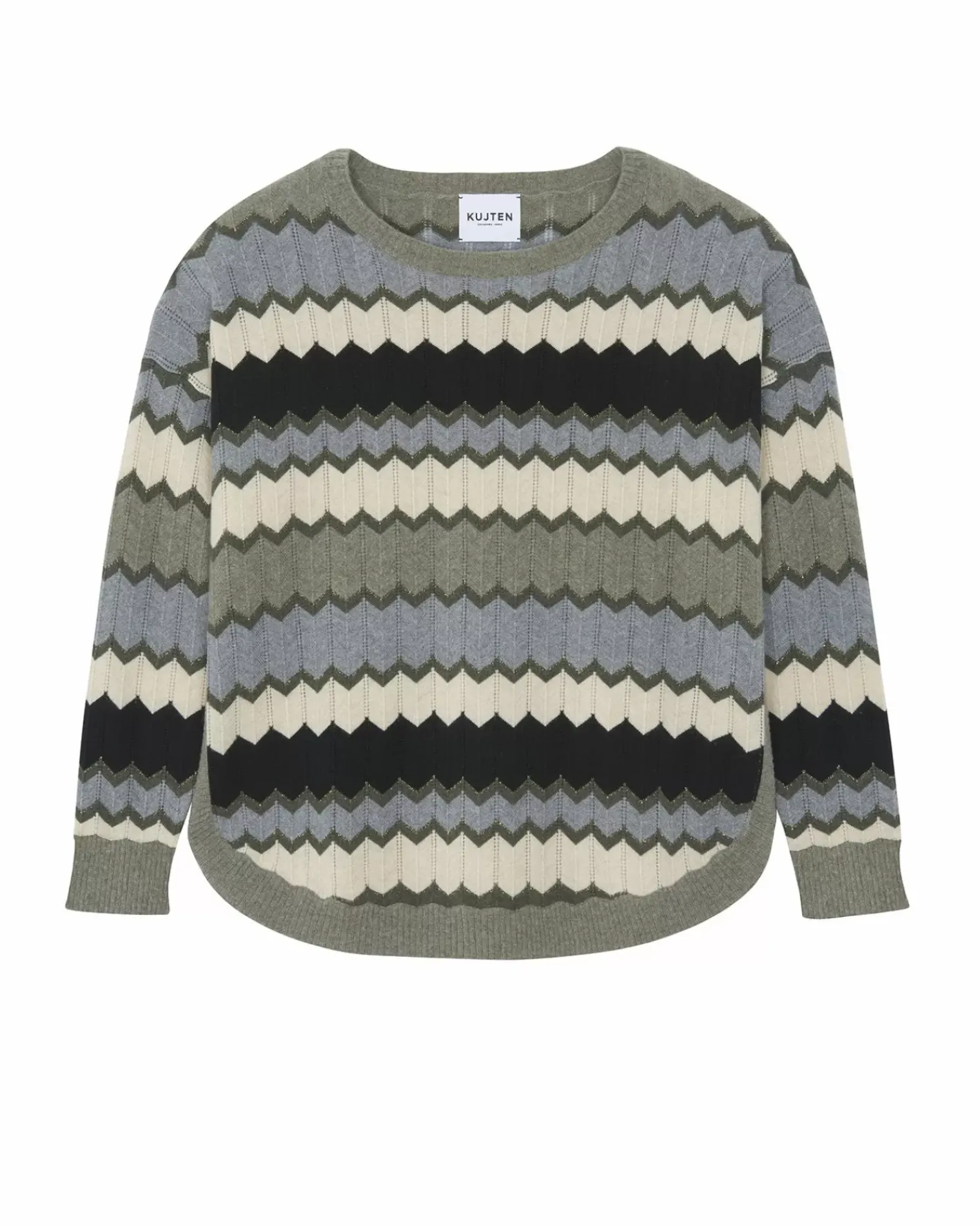 Kujten Sweaters & Sweatshirts>Round Neck Intarsia Cashmere Sweater Kaki Chine
