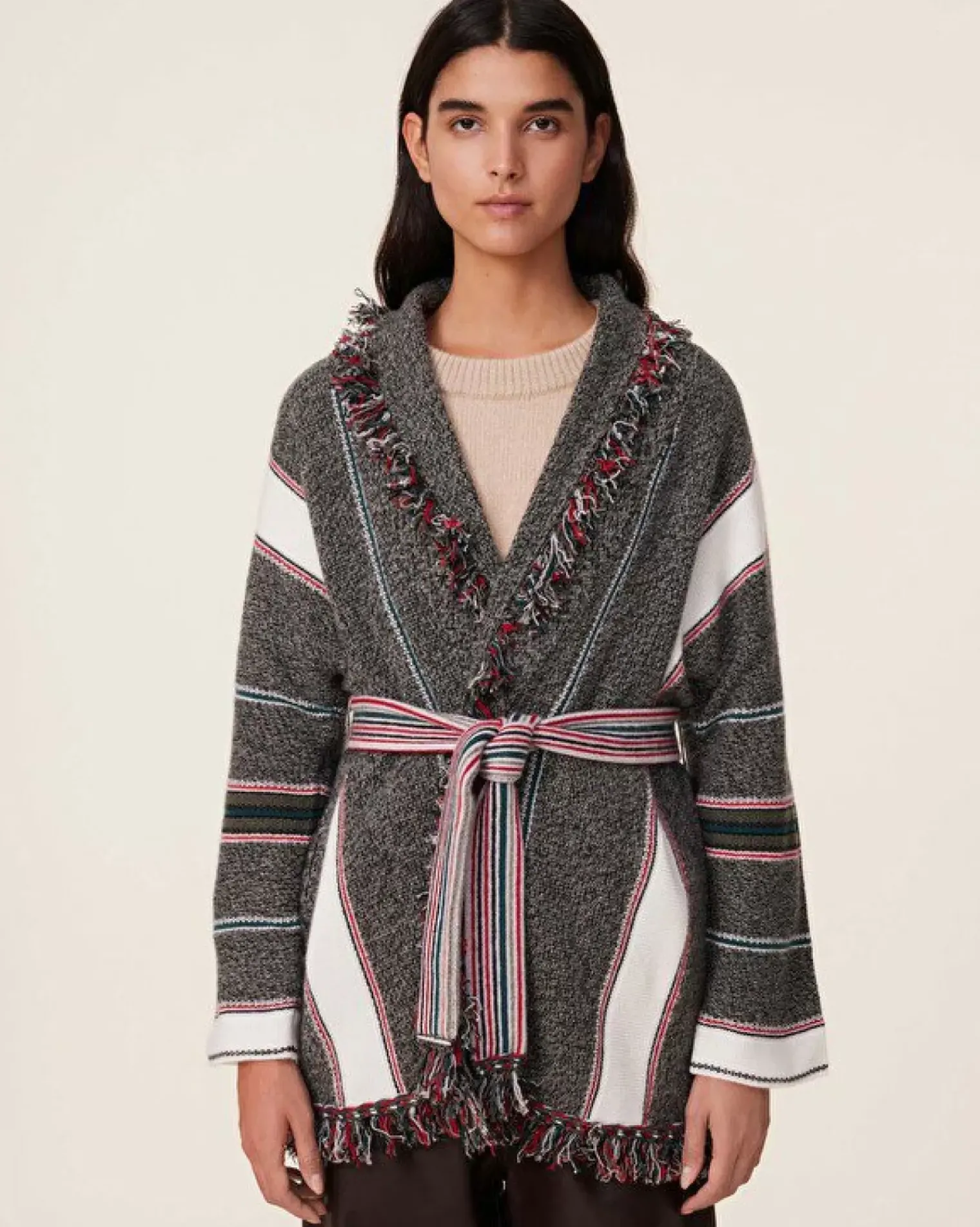Kujten Jackets & Vests>Shawl Collar Fringed Cashmere Jacket, 6-Threads Kaki Chine
