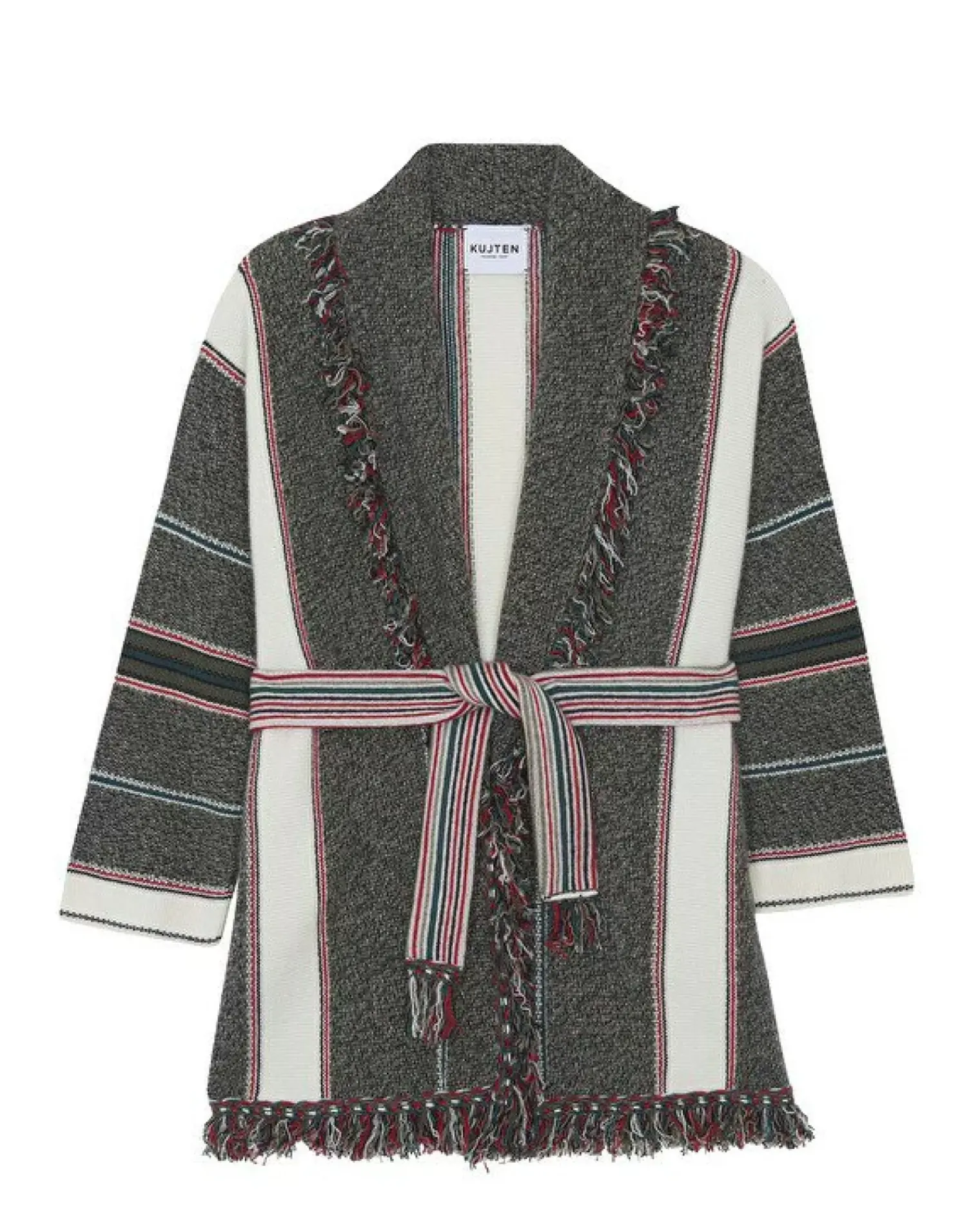 Kujten Jackets & Vests>Shawl Collar Fringed Cashmere Jacket, 6-Threads Kaki Chine