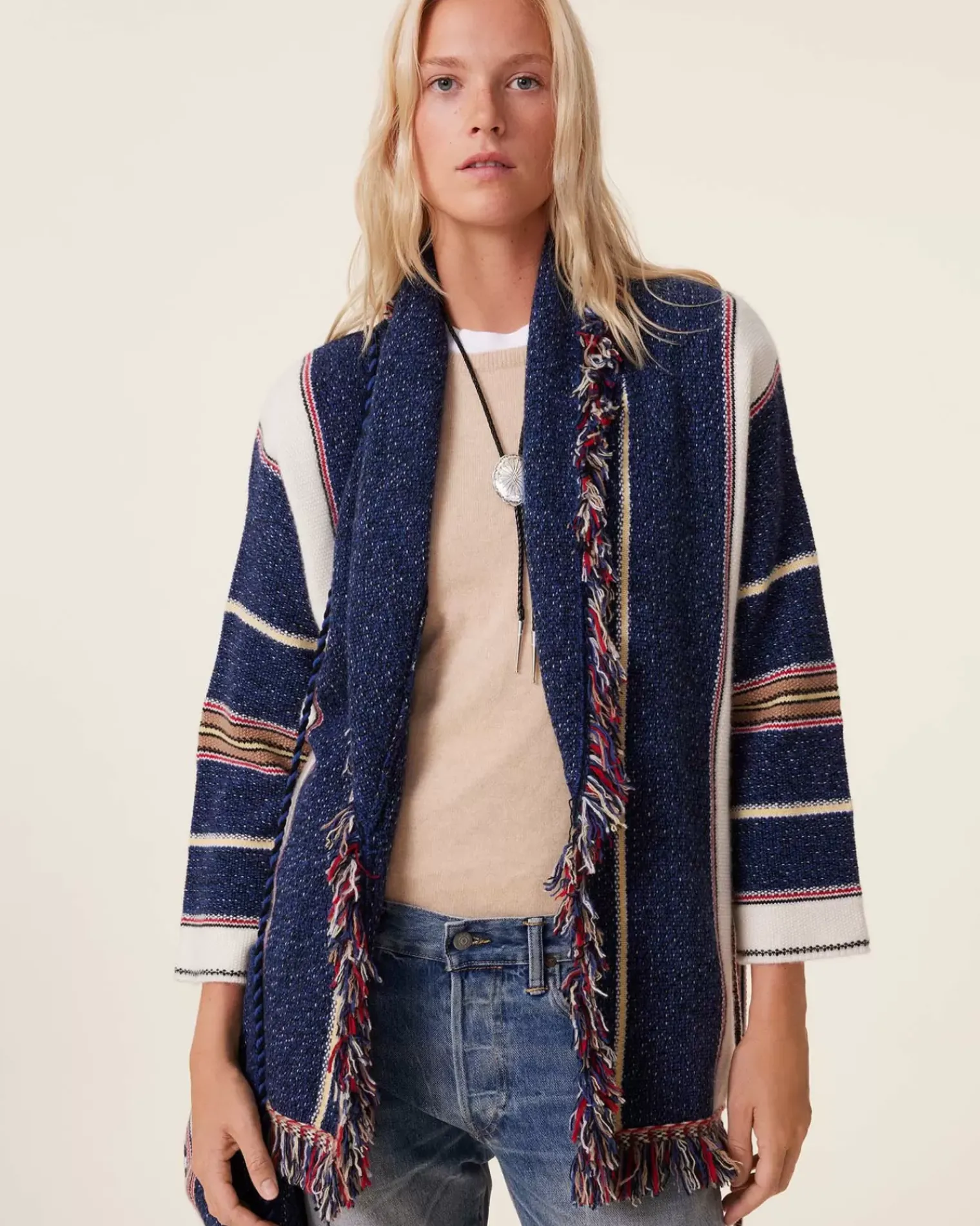 Kujten Jackets & Vests>Shawl Collar Fringed Cashmere Jacket, 6-Threads Bleu Indigo