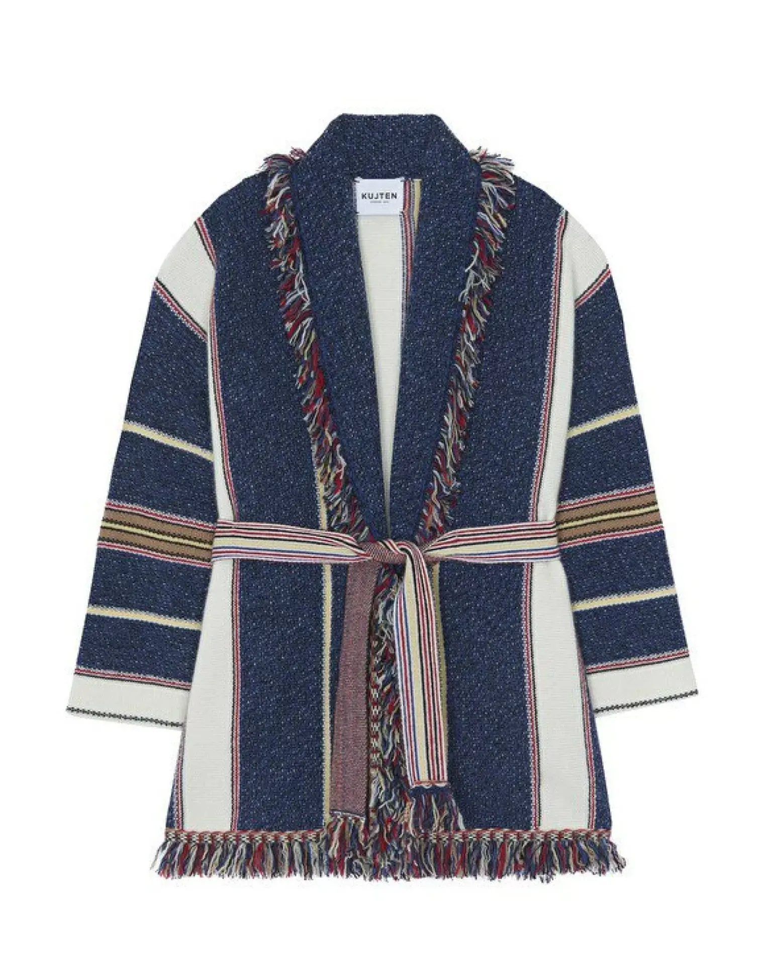 Kujten Jackets & Vests>Shawl Collar Fringed Cashmere Jacket, 6-Threads Bleu Indigo