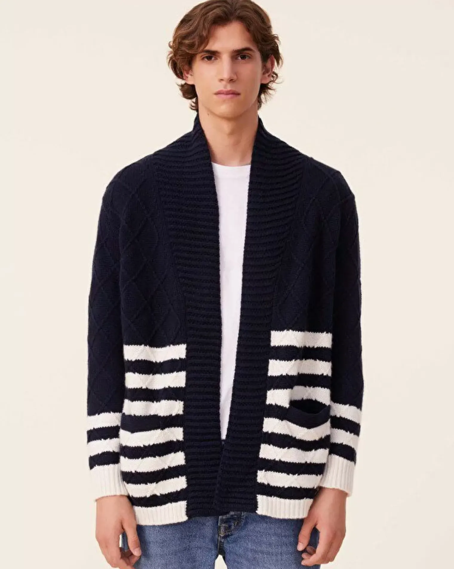 Kujten Jackets & Vests>Shawl Neck Cashmere Cardigan, 10-Threads Bleu Marine Fonce