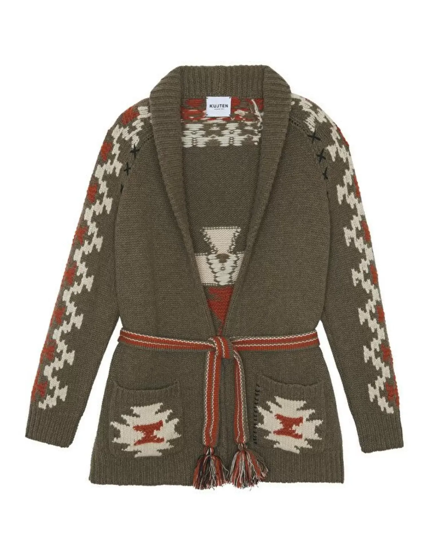 Kujten Jackets & Vests>Shawl Neck Fringed Cashmere Cardigan, 12-Threads Kaki Moss