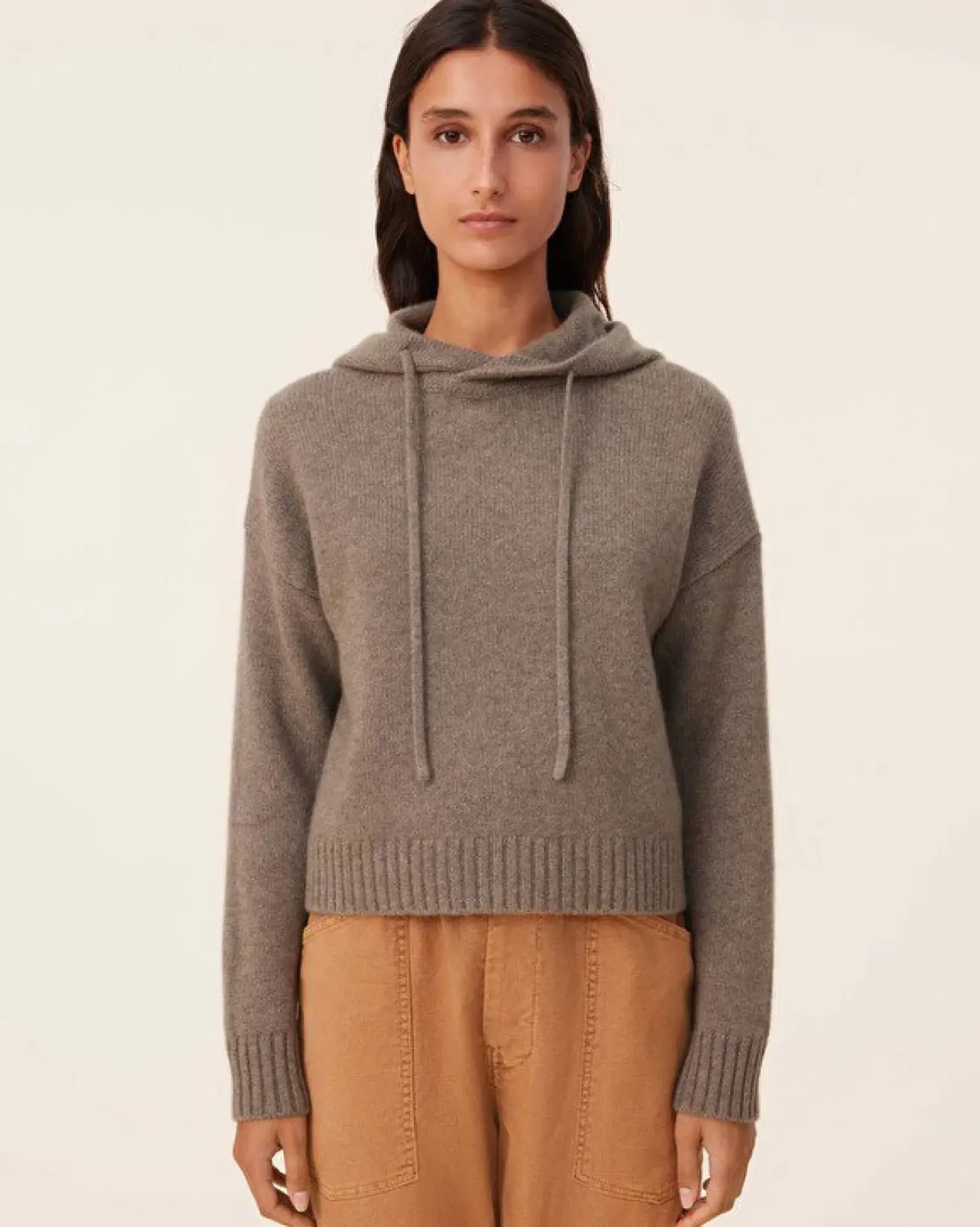Kujten Hoodies>Short Hooded Cashmere Sweater, 6-Threads Kaki Chine