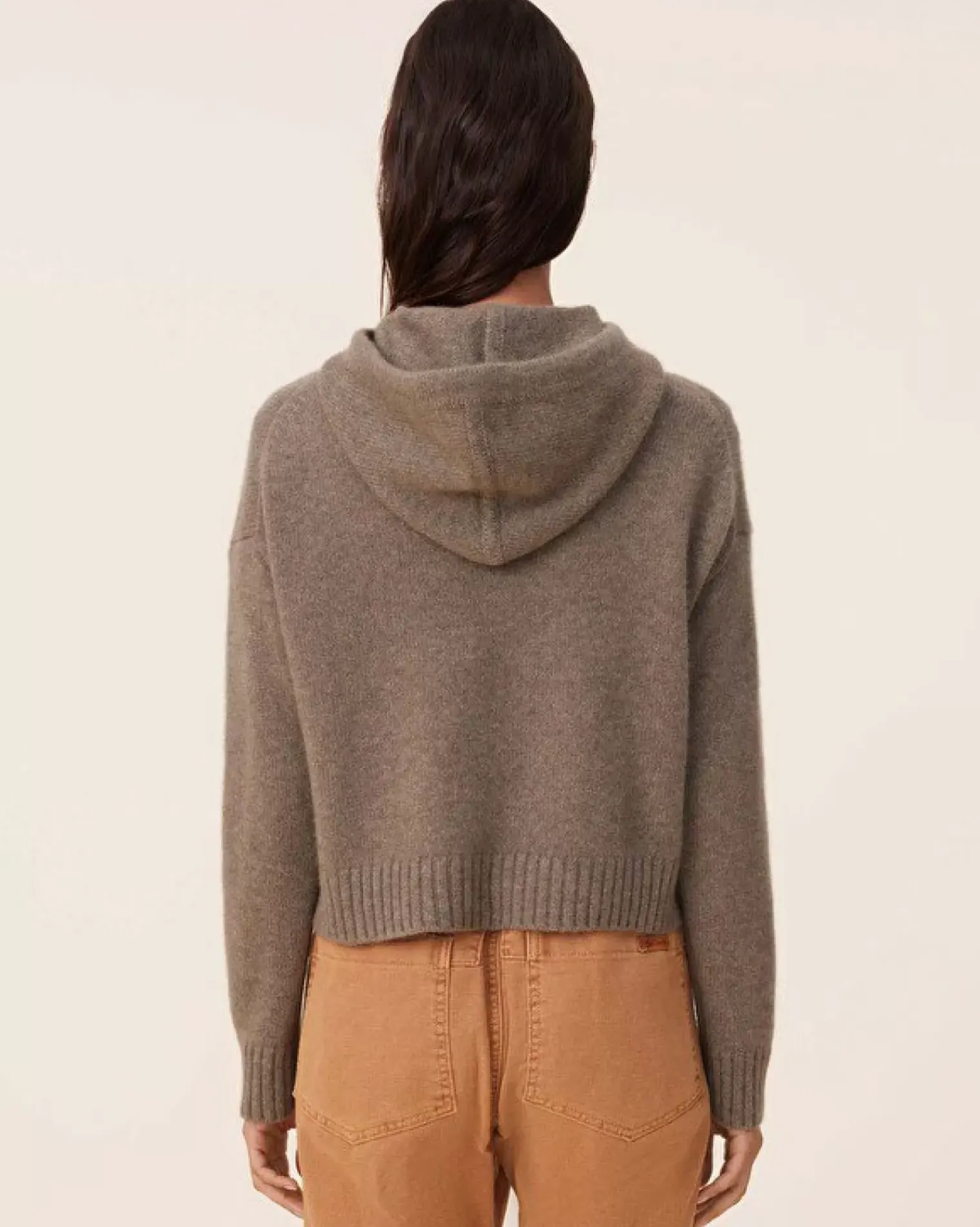 Kujten Hoodies>Short Hooded Cashmere Sweater, 6-Threads Kaki Chine