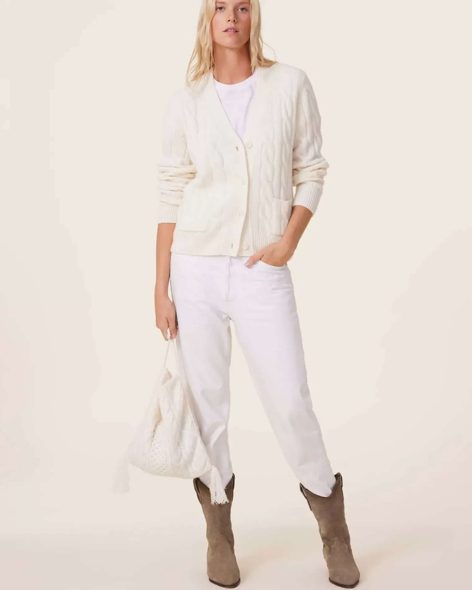 Kujten Jackets & Vests>Short Twisted Cashmere Cardigan, 8-Threads Blanc