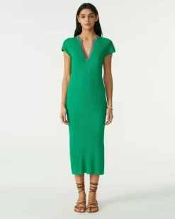 Kujten Dresses & Skirts>Silk-Cashmere Djellaba Dress Vert Jade