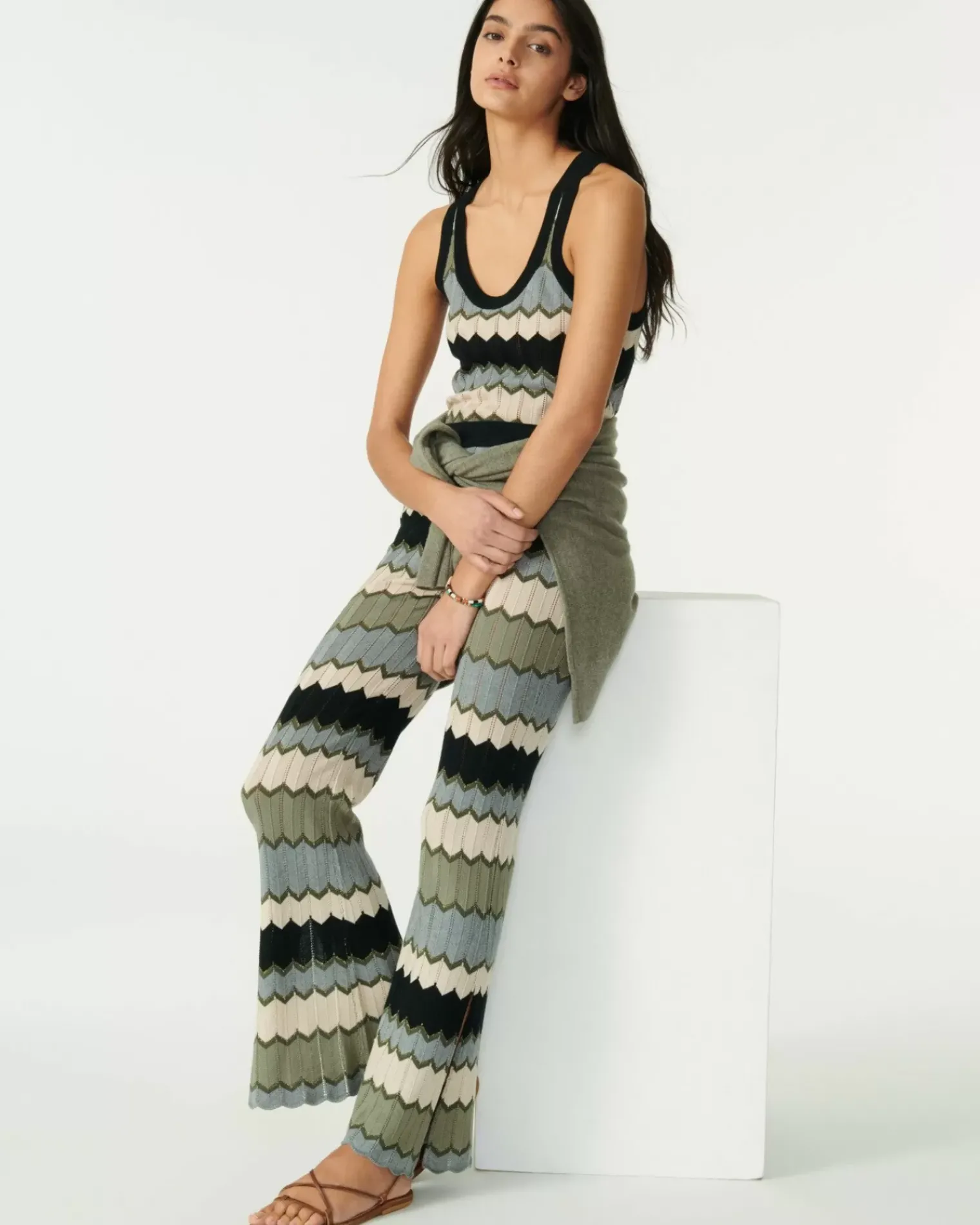 Kujten Pants & Shorts>Silk-Cashmere Flared Pants Kaki Chine