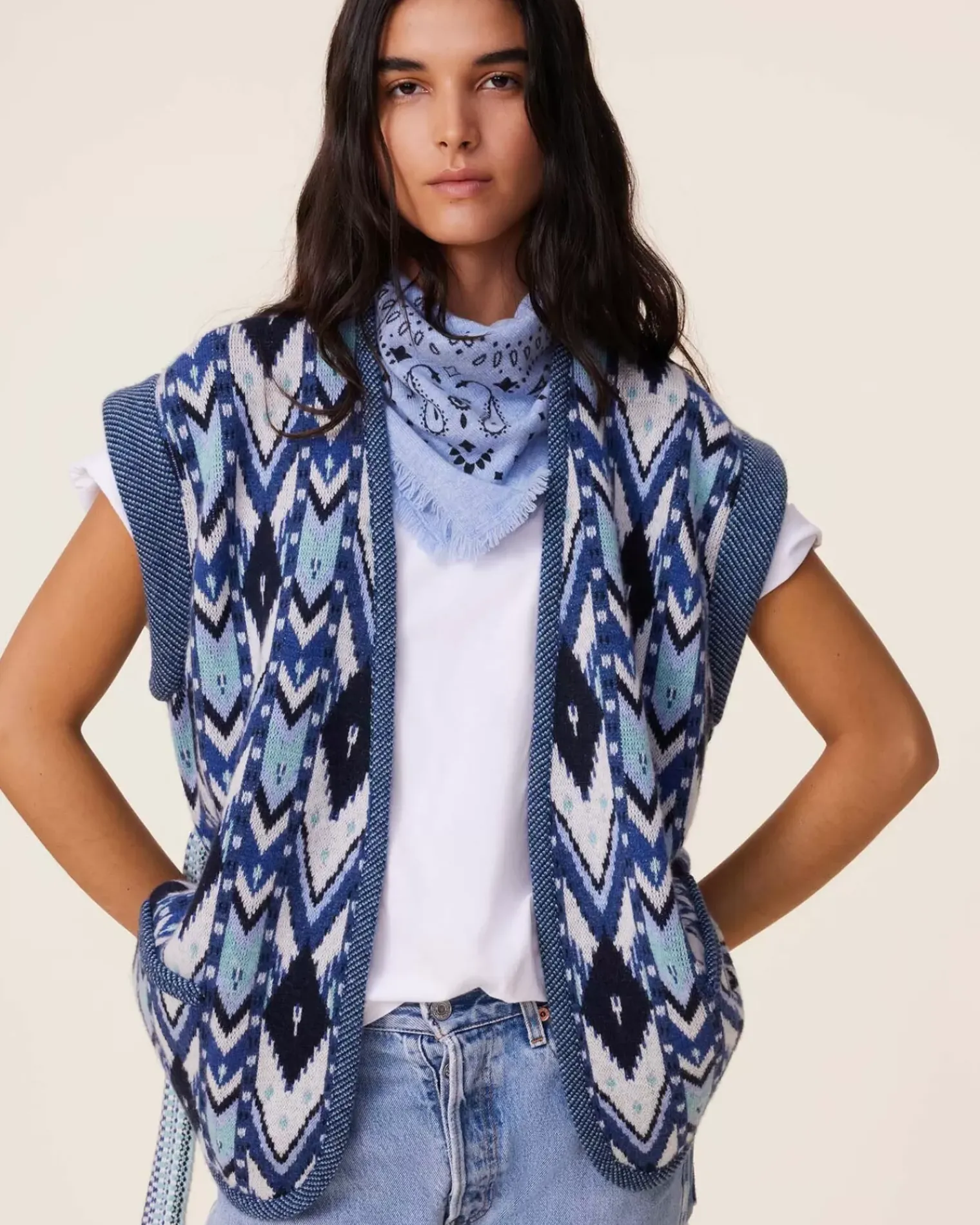 Kujten Jackets & Vests>Sleeveless Cashmere Kimono Jacket, 4-Threads Bleu Marine Fonce