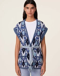 Kujten Jackets & Vests>Sleeveless Cashmere Kimono Jacket, 4-Threads Bleu Marine Fonce