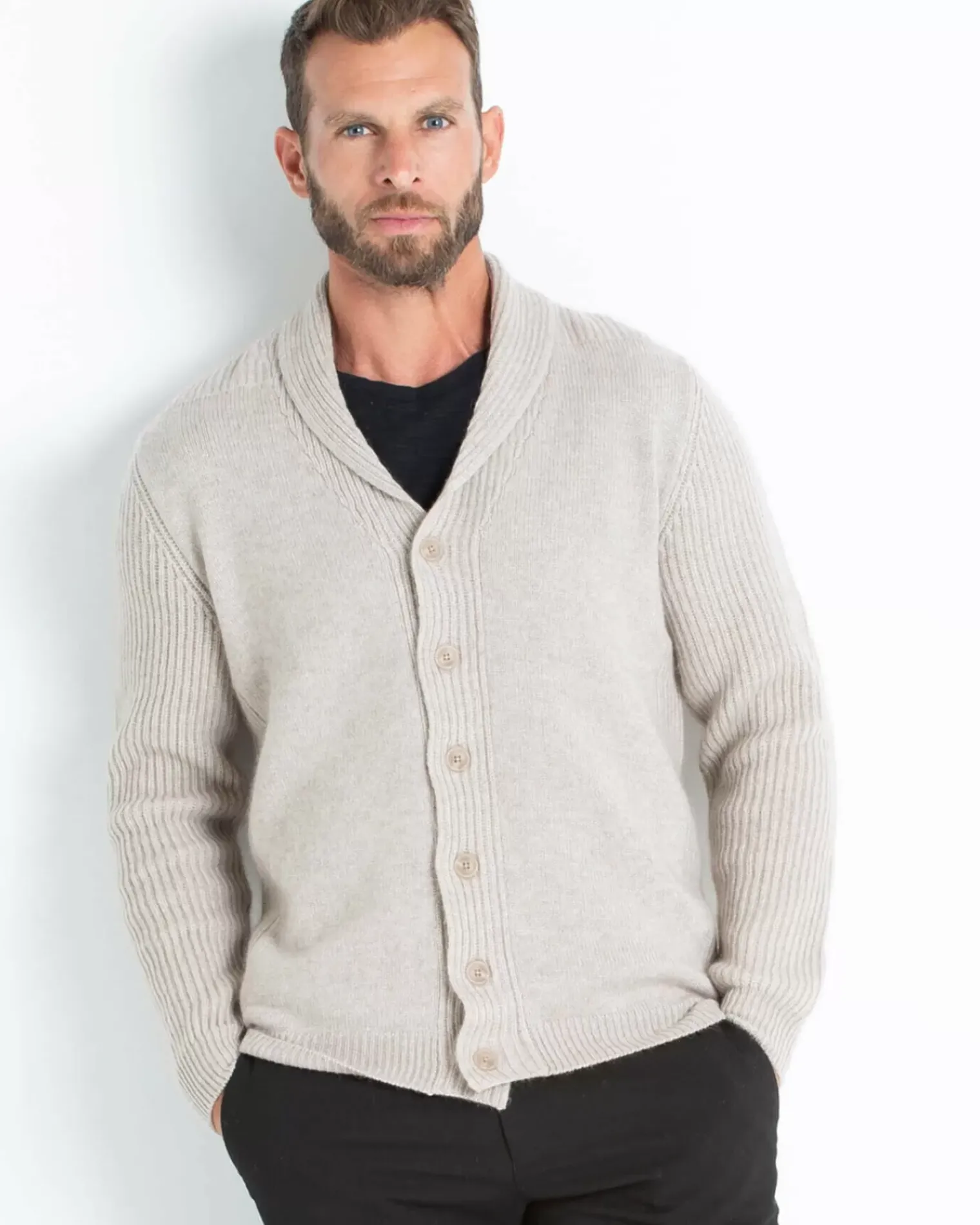 Kujten Jackets & Vests>Straight Shawl Collar Cashmere Cardigan Beige Sable