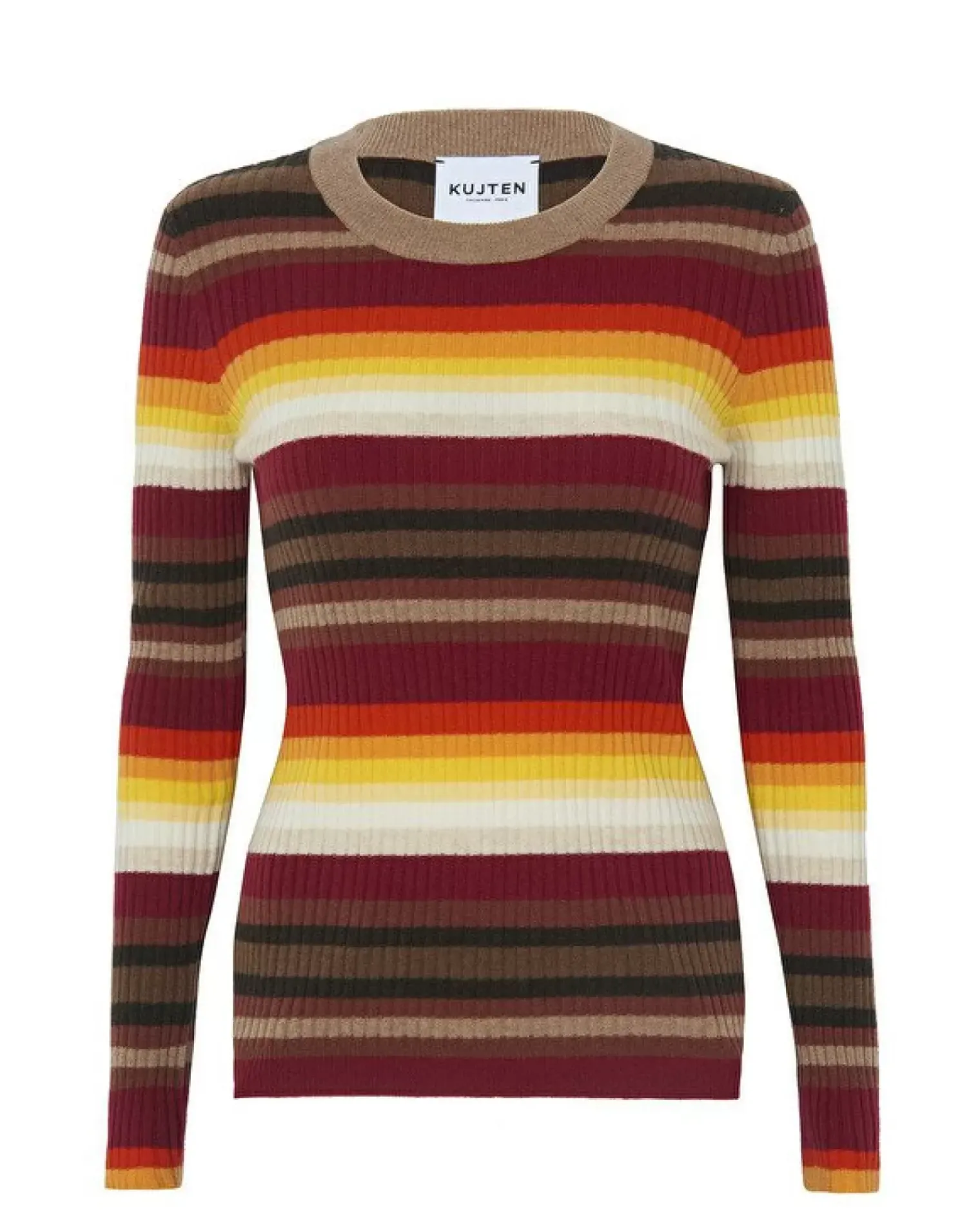 Kujten Sweaters & Sweatshirts>Striped Round Neck Cashmere Sweater, 2-Threads Camelo