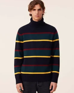 Kujten Sweaters & Sweatshirts>Striped Turtleneck Cashmere Sweater, 6-Threads Bleu Marine Fonce