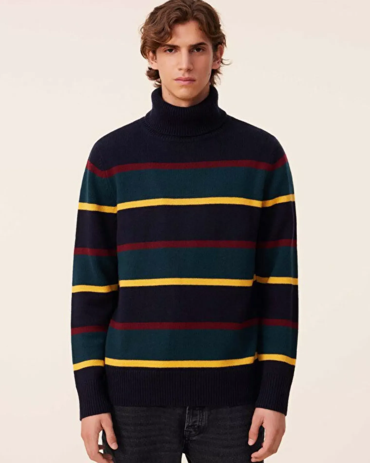 Kujten Sweaters & Sweatshirts>Striped Turtleneck Cashmere Sweater, 6-Threads Bleu Marine Fonce
