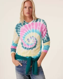 Kujten Sweaters & Sweatshirts>Tie Dye Round Neck Cashmere Sweater, 2-Threads Rose Vert