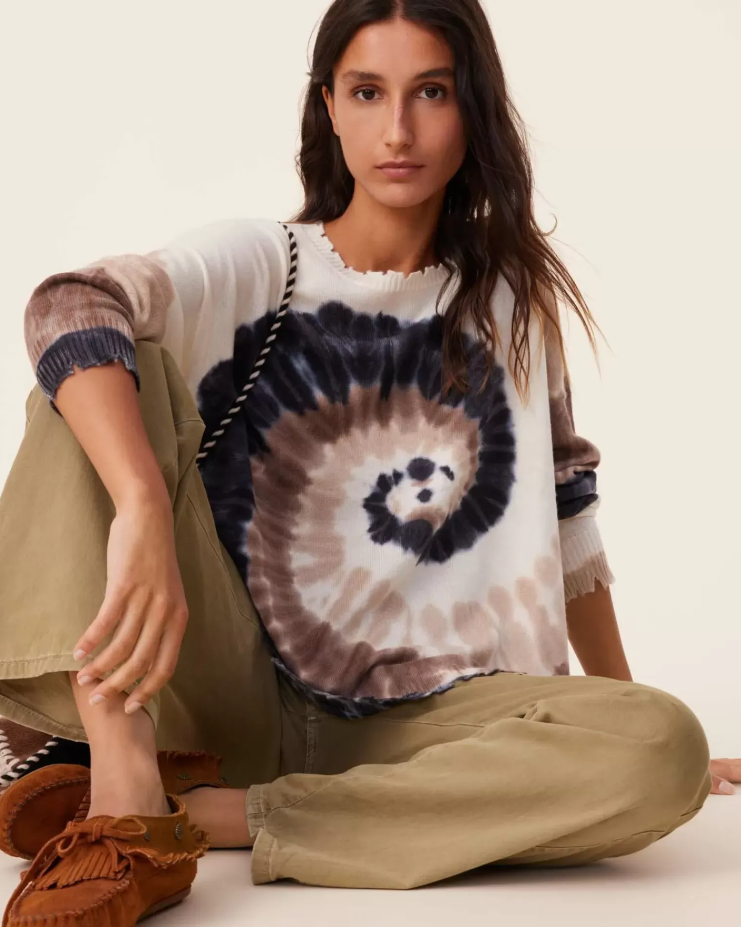 Kujten Sweaters & Sweatshirts>Tie Dye Round Neck Cashmere Sweater, 2-Threads Camelo