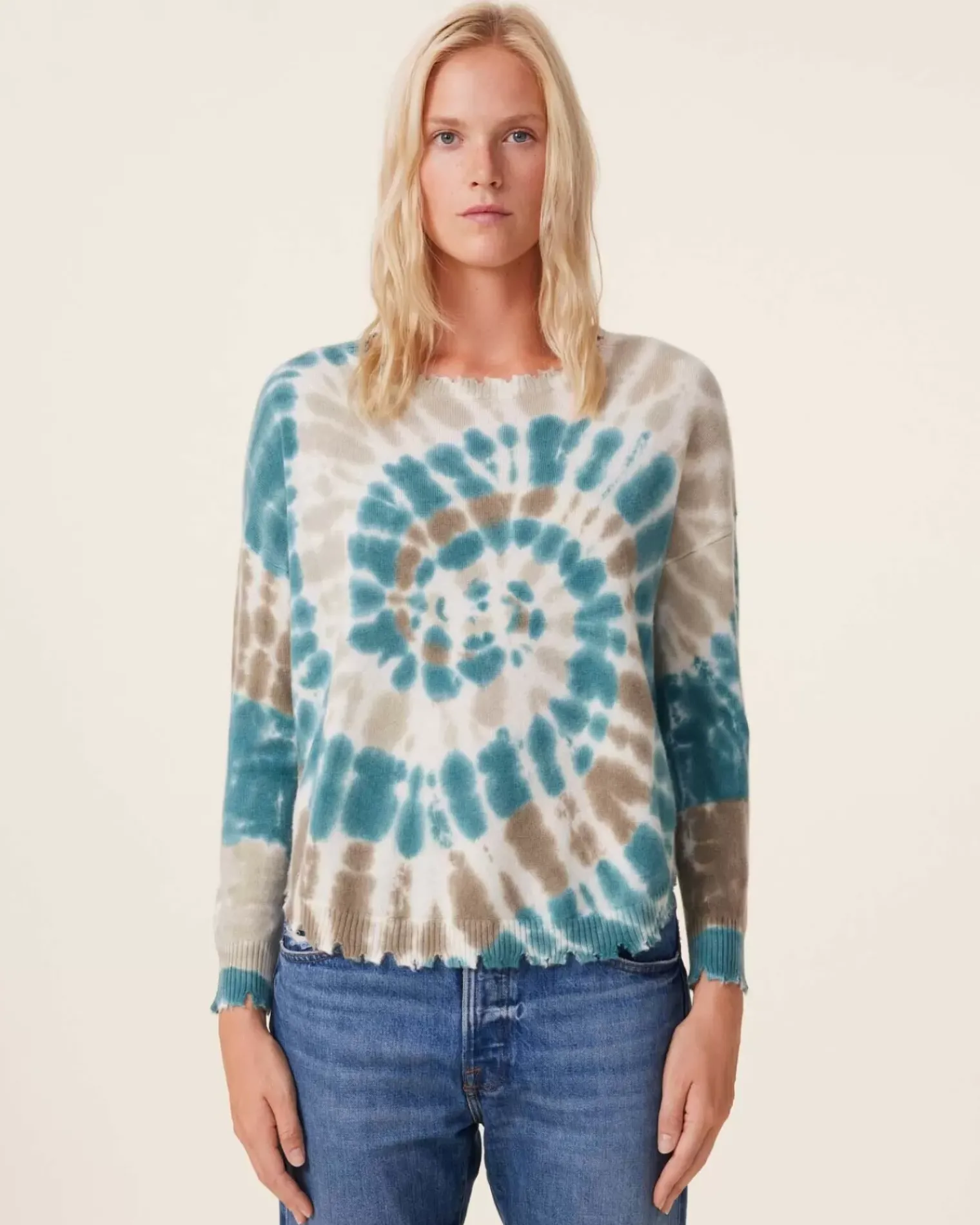 Kujten Sweaters & Sweatshirts>Tie Dye Round Neck Cashmere Sweater, 2-Threads Kaki Vert