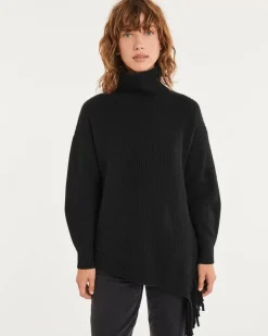Kujten Sweaters & Sweatshirts>Turtleneck Fringed Cashmere Sweater Noir