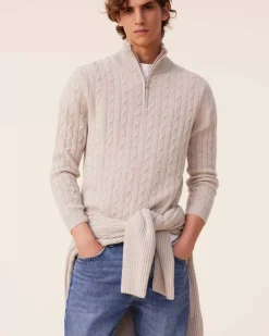 Kujten Sweaters & Sweatshirts>Twisted Cashmere Half Zip Sweater, 4-Threads Avoine
