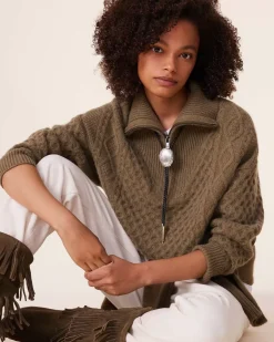Kujten Sweaters & Sweatshirts>Twisted Cashmere Half Zip Neck Sweater, 6-Threads Kaki Scout