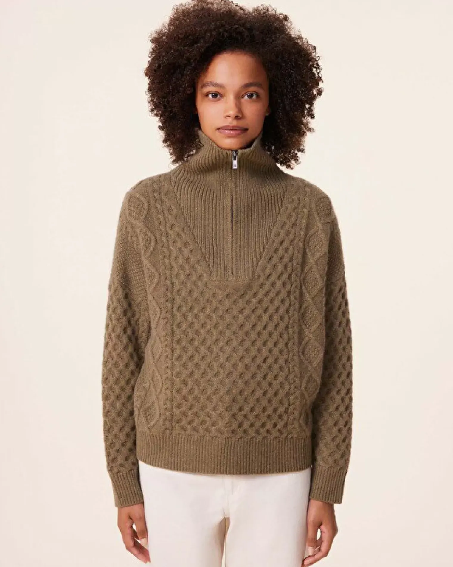 Kujten Sweaters & Sweatshirts>Twisted Cashmere Half Zip Neck Sweater, 6-Threads Kaki Scout