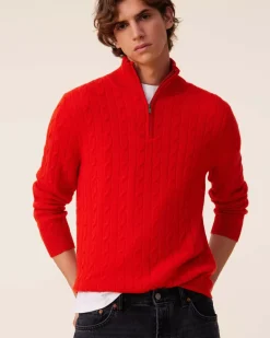 Kujten Sweaters & Sweatshirts>Twisted Cashmere Half Zip Sweater, 4-Threads Orange Rosso